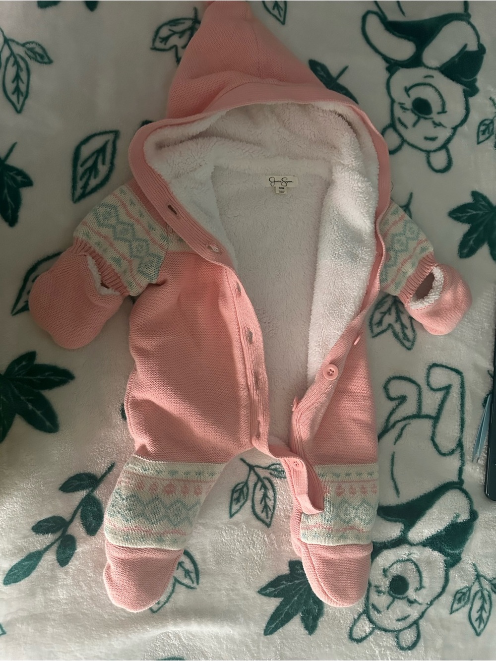 Jessica Simpson Pink Hooded Knit Footed One-Piece with Fair Isle Accents